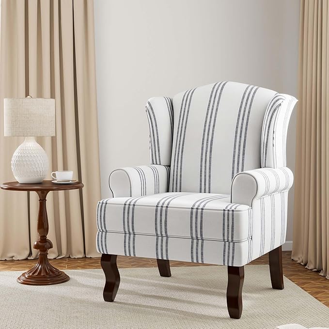 Accent Chair, High Back Upholstered Armchair with High Resilience Sponge & Wood Legs, Mid-Century Modern Comfy Single Sofa Reading Chairs for Living Room, Bedroom (Stripe Navy, Set of 1)-CasaMuseHome