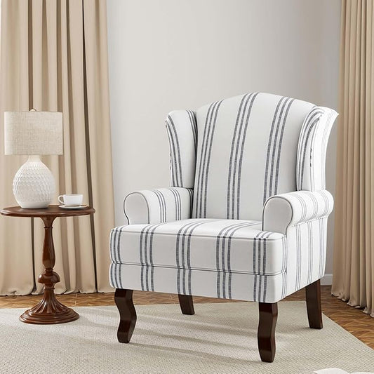 Accent Chair, High Back Upholstered Armchair with High Resilience Sponge & Wood Legs, Mid-Century Modern Comfy Single Sofa Reading Chairs for Living Room, Bedroom (Stripe Navy, Set of 1)-CasaMuseHome