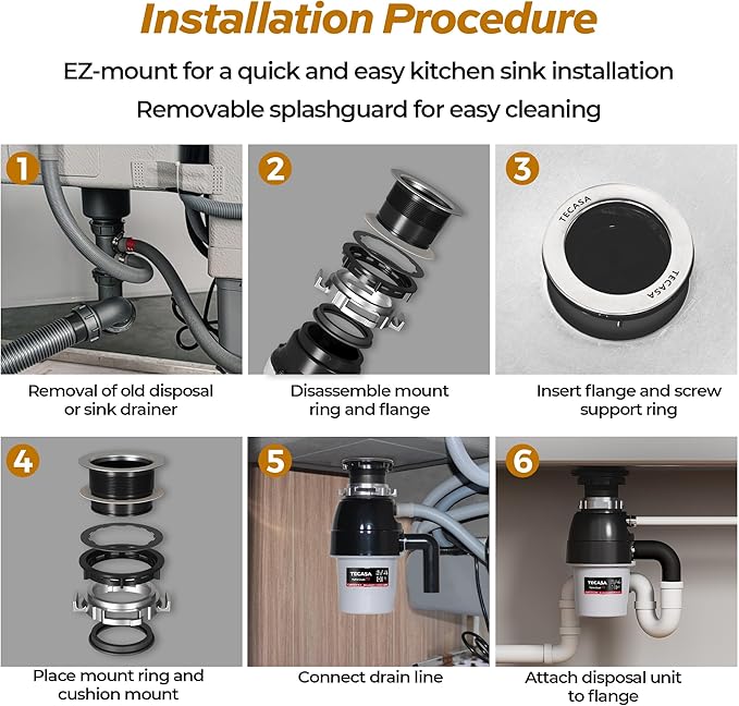 3/4 HP Corded Garbage Disposal for Kitchen Sinks, TECASA Continuous Feed Food Waste Disposer, Sound Reduction, Power Cord Included, Grey and Black - HyperCrush 75-CasaMuseHome