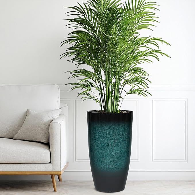 23.6" H Large Tall Outdoor Planters, Set of 2 Plastic Large Flower Pots for Outdoor Plants, with Gradient Turquoise Finish, Weather-Resistant for Porch, Garden, Patio or Indoor Use-CasaMuseHome