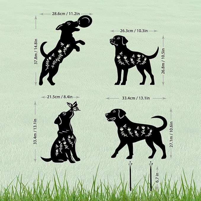 4 Pack Dog Metal Garden Decorative Stakes, Weather Proof Puppy Silhouette Statues for Yard, Patio,Outdoor Decor for Dog Lovers and Pet Owners-CasaMuseHome