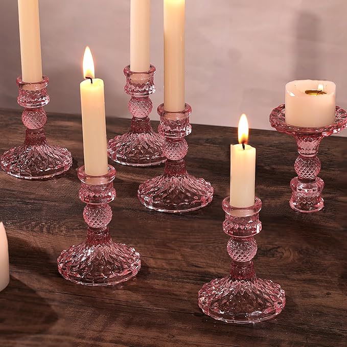 12Pcs Pink Candlestick Holders Set- 4" H Taper Candle Holders Bulk, Glass Candle Holders for Wedding, Party, Romantic Dinner Table Centerpieces, Festival Gifts & Windowsill Decor-CasaMuseHome