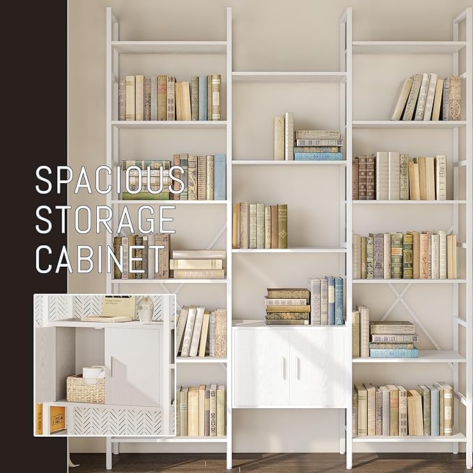 70x78 “ Triple 6 Tier Book Shelf, Industrial Large Bookcase with Storage Cabinet, Tall Bookshelf with 16 Open Display Shelves Metal Frame Furniture for Living Room Bedroom Home Office White-CasaMuseHome