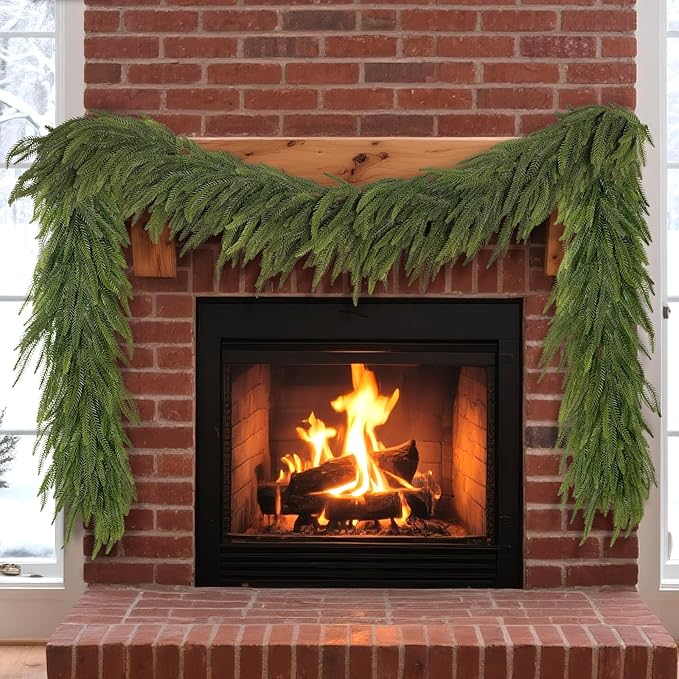 9FT Christmas Norfolk Pine Garland -2PCS, Artificial Pine Needles Garlands Faux Greenery Fake Garland for Holiday Fireplace,Table,Window,Stairs,Mante,Indoor Outdoor Decor-CasaMuseHome