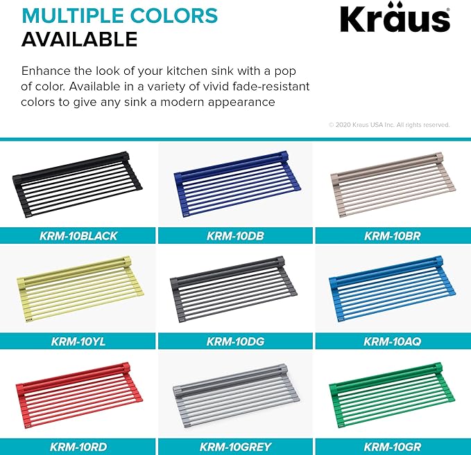 KRAUS Multipurpose Over-Sink Roll-Up Dish Drying Rack, Colander and Trivet in Aqua, KRM-10AQ
