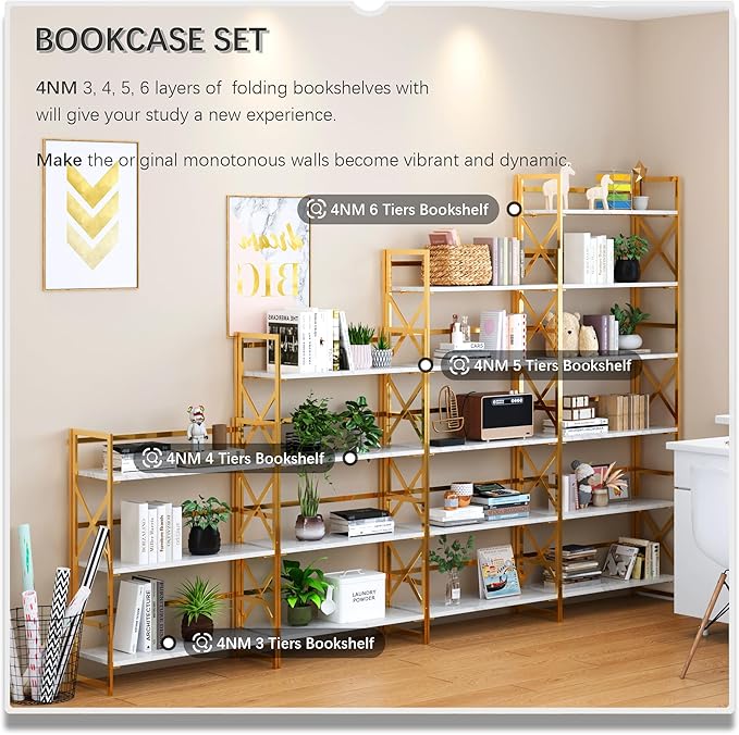 4NM 6 Tiers No Assembly Book Shelves, 61.8" H Folding Bookshelf Bookcase Open Industrial Foldable Shelves for Bedroom, Living Room, Home Office - White Gold-CasaMuseHome