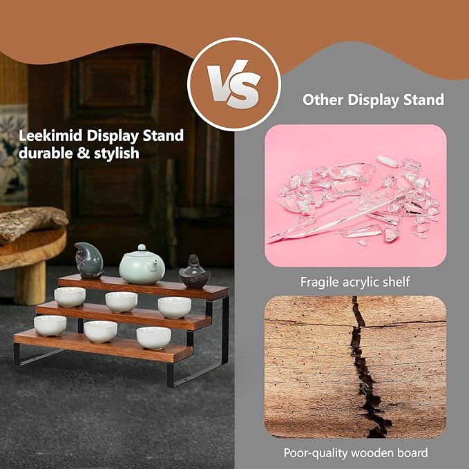 3 Tier Wooden Display Riser Stand Perfume Organizer with Metal Stand, Dessert Table Display Set, Food Display Stands for Party, Brown Rustic Solid Wood Shelf for Cupcakes, Perfume, Cologne, Spiece-CasaMuseHome