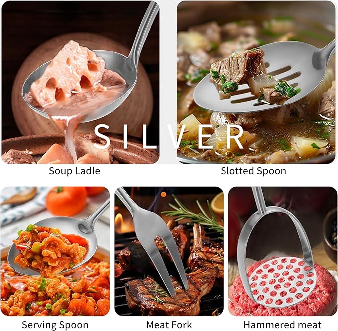 304 Stainlss Steel Kitchen Utensils Set, 12 Pcs Long Metal Cooking Utensil Gadgets Tools Set with Spatula, Ladle, Spoon, Ladle, Skimmer, Tunner, Pasta Server, Tongs(Silver, Dishwasher Safe)-CasaMuseHome