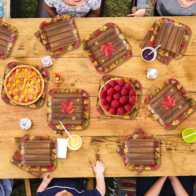 200Pcs Fall Party Decorations Watercolor Autumn Maple Leaves Paper Plates and Napkins Thanksgiving Wooden Grain Tableware Sets for Holiday Harvest Birthday Wedding Dinner Party Supplies Serves 50-CasaMuseHome