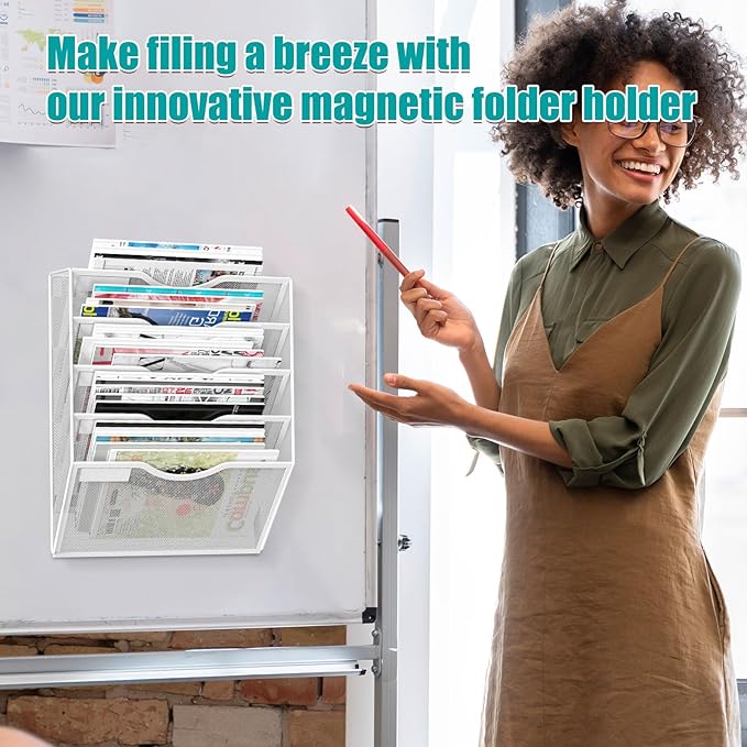 5-Tier Magnetic File Organizer, No Drilling Installation, White Magnetic Paper Holder, Magazine Rack for Refrigerator and File Cabinets-CasaMuseHome