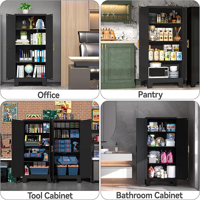 61" Balck Metal Kitchen Storage Cabinet, Kitchen Pantry Storage Cabinet with Doors and Shelves, Storage Cabinet with Adjustable Leveling Foot for Kitchen, Living Room and Dining Room-CasaMuseHome