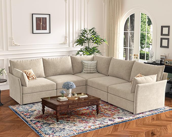 135.5" Oversized Modular Sectional Sofa, L Shaped Convertible Couch with Movable Ottoman, 5 Seat Corner Couches for Living Room Deep Seat Beige Chenille-CasaMuseHome