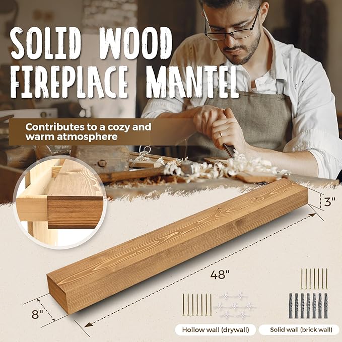 48x8x3 Fireplace Mantel - Handcrafted Hollow Rustic Solid Wood Wall Mounted Floating Shelf with Invisible Heavy Duty Wood Bracket (Natural Wood)-CasaMuseHome