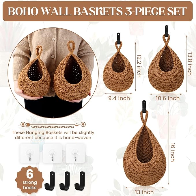 Hanging Fruit Baskets for Kitchen - 3 Pack Boho Wall Hanging Basket with 6 Pcs Strong Hooks, Handwoven Hanging Holder Teardrop Home Produce Basket for Fruits Vegetable Potato Onion Storage (Linen)-CasaMuseHome