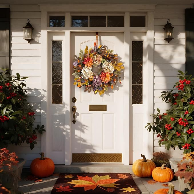 24Inch Fall Wreaths for Front Door,Fall Wreath with Beige Hydrangea,Orange Dahlia Artificial Flowers,Pumpkins,Autumn Wreaths for Harvest Thanksgiving Halloween Indoor Outdoor Home Decor-CasaMuseHome