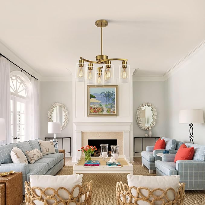 6-Light Gold Chandeliers for Dining Room, Modern Kitchen Island Light Fixtures Over Table, Metal Hanging Pendant Lighting for Living Room Stairwell Entryway Bedroom, Clear Glass Shade-CasaMuseHome