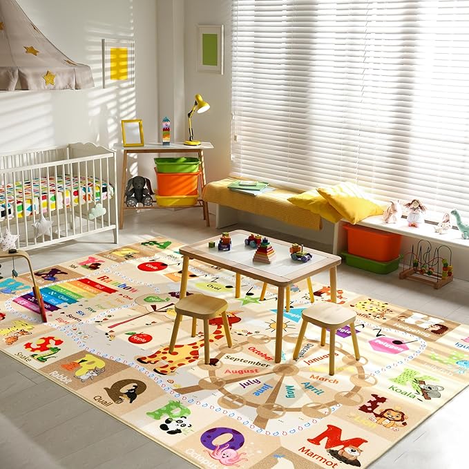 6x9 Playroom Rugs for Kids Washable, Educational and Fun Playmat with ABC Alphabet Animals Shapes Colors, Non-Slip Play Mat Learning Rugs for Baby Toddler Children Game Activity，Beige, Pink-CasaMuseHome