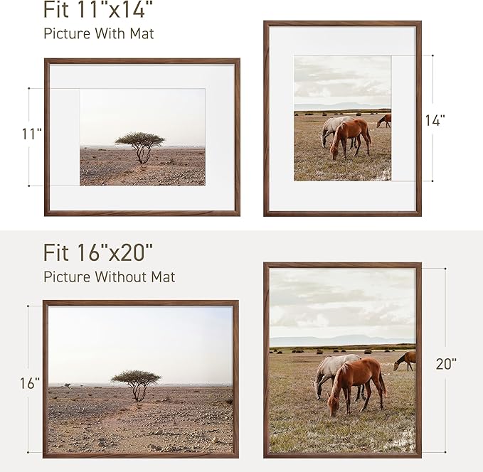 16x20 Picture Frame Set of 4 Natural Solid Walnut Photo Frames with 11x14 Removable Mat Wall Hanging Large Handcrafted Frame with HD Plexiglass Wall and Tabletop Display Large Poster Frame-CasaMuseHome