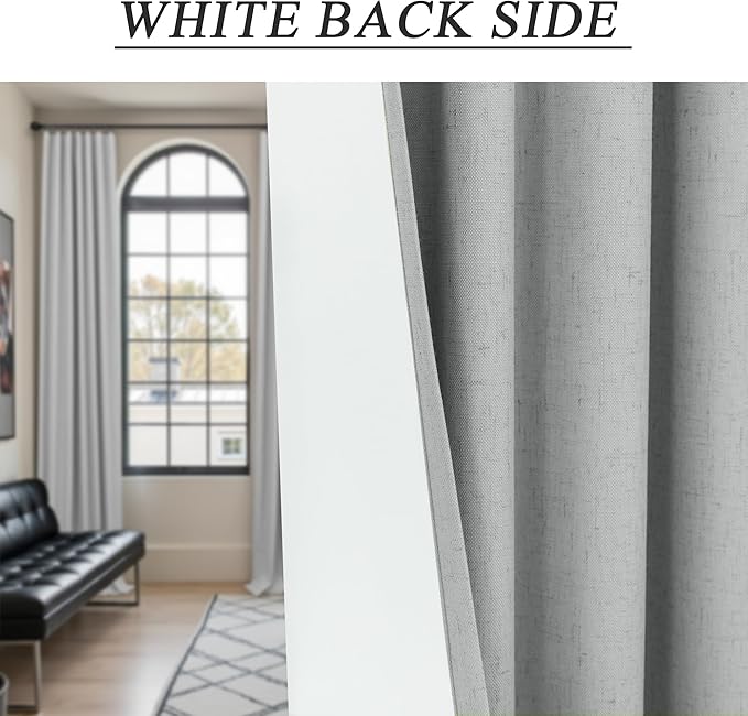 100 Percent Blackout Sliding Glass Door Curtains 120 Inches Long 2 Panels 10 FT Theater Floor to Ceiling Drape Linen Cotton Textured Luxury Curtains Farmhouse Black Out Light Grey Gray White Back Tab-CasaMuseHome
