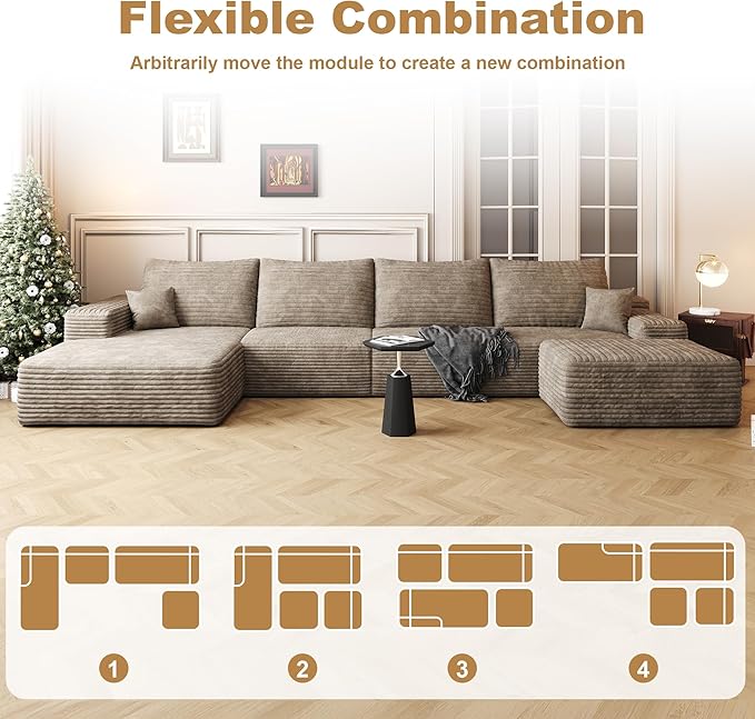 136" Sectional Couches for Living Room Modern Modular Sofa with L-Shape Couchs Upholstered Boneless Couch Deep Seat Sectional Couch with Chaise (Camel, Left Facing Chaise+3Seaters+Ottoman)-CasaMuseHome