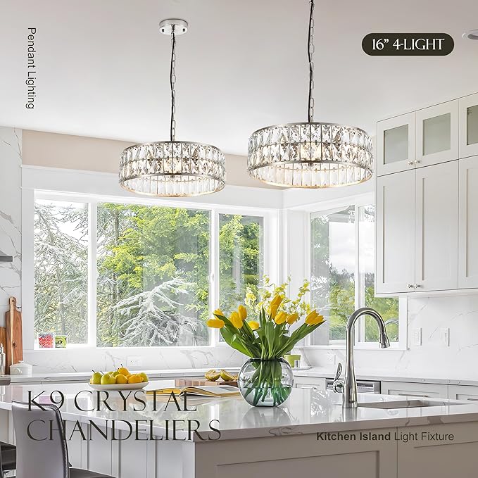 16” 4-Light Modern Crystal Chandeliers Nickel Dinning Room Light Fixture, Round Pendant Light Kitchen Island Chandelier, Flush Mount Ceiling Light for Living Room Entryway Bedroom Foyer-CasaMuseHome