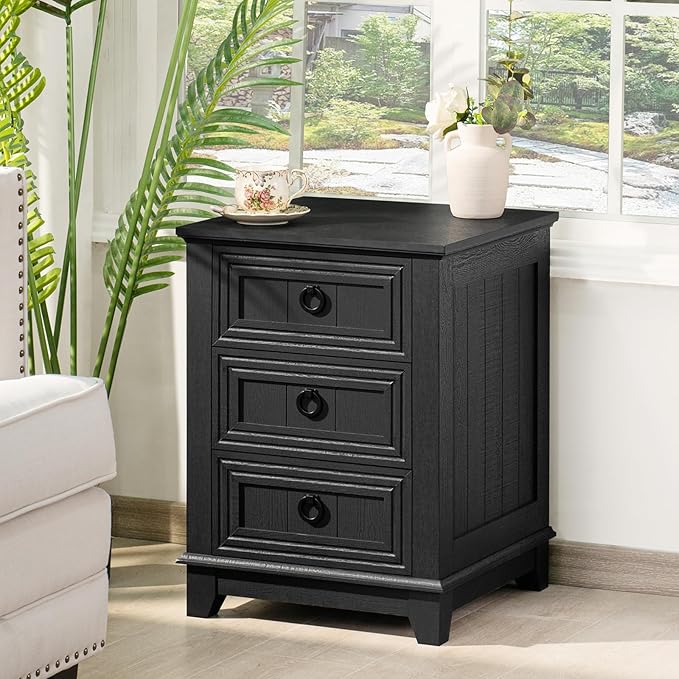 18" Farmhouse Night Stand with 3 Drawers, Wood End Table Dresser for Bedroom, Black Nightstand, Bed Side Table with Metal Handle, Bedside Cabinet for Bedroom Living Room, Closet-CasaMuseHome