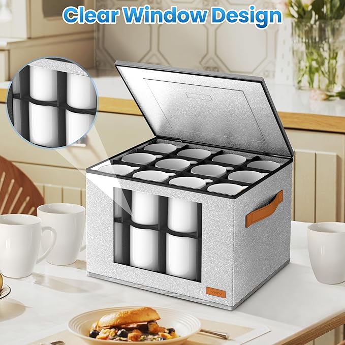 2-Layer Coffee Mug Storage Box with Dividers, Cup Storage Organizer with Zipper Lid and Handles, Stackable China Storage Containers Service for 24 Mugs, Cups and Glasses, Light Grey-CasaMuseHome