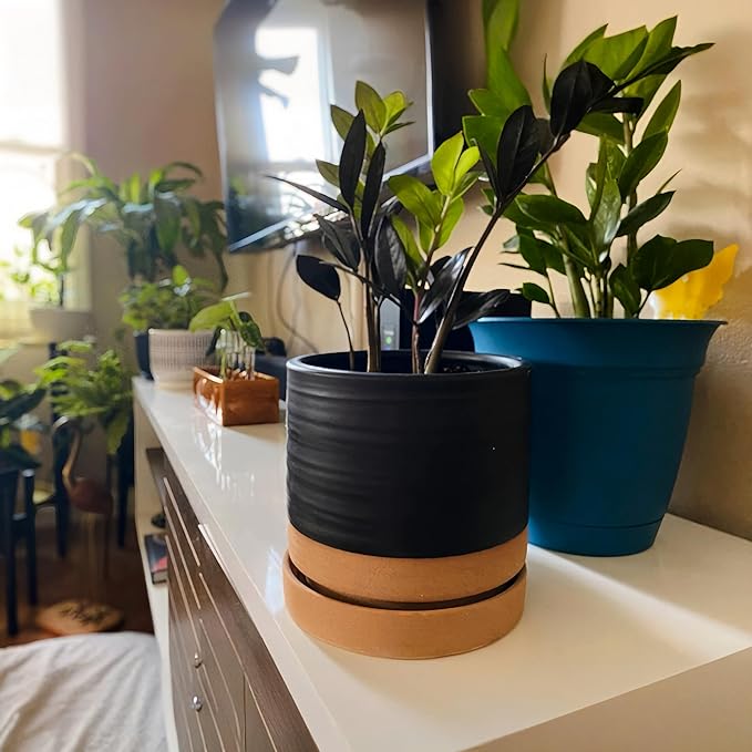 6 Inch Plant Pots, Ceramic Planter Pot with Drainage Hole & Saucer, Indoor/Outdoor Cylinder Round Planter Pot, Matte Black & Brown-CasaMuseHome