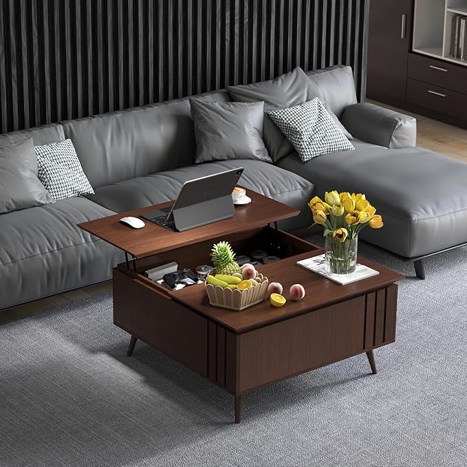 36.2" Lift Top Coffee Table with Storage, Large Square Coffee Tables with Hidden Compartment, Mid Century Modern Center Table for Home Office,Living Room,Dark Walnut-CasaMuseHome