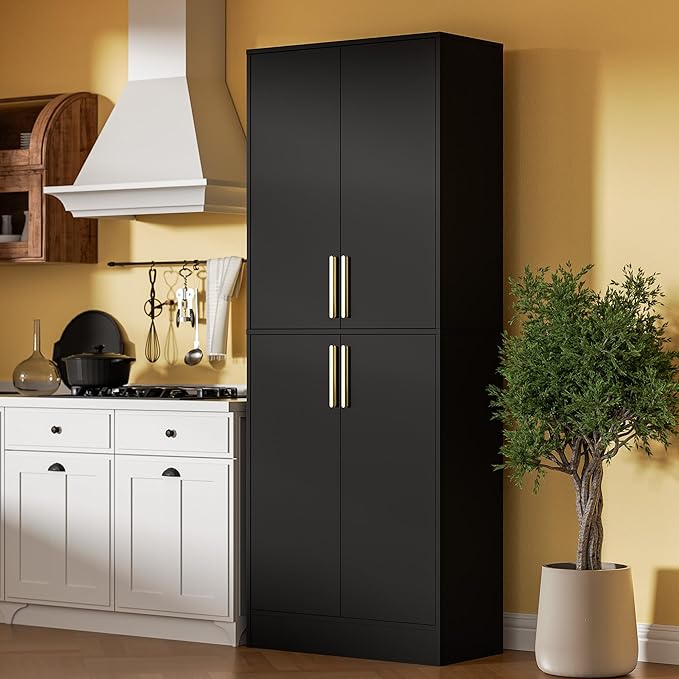71" Tall Pantry Cabinet, 4 Doors Kitchen Pantry Storage Cabinet, Freestanding Larder Cupboard, Kitchen Hutch with Gold Handles for Dining Room, Bathroom, Black-CasaMuseHome