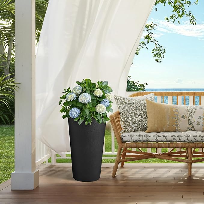 24" Tall Planters for Outdoor Plants, Set of 2 Heavy-Duty Resin Flower Pots, Matte Black Leather Grain Finish, Durable & Weather-Resistant, Ideal for Garden, Patio, Yard, Porch, or Home Use-CasaMuseHome