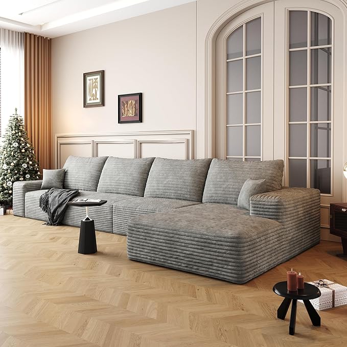 136" Sectional Couches for Living Room Modern Modular Sofa with L-Shape Couchs Upholstered Boneless Couch Deep Seat Sectional Couch with Chaise (Grey, Right Facing Chaise+3Seaters)-CasaMuseHome