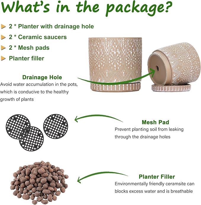 8 Inch + 6 Inch Plant Pot with Drainage Holes and Saucers, Indoor Ceramic Planter for Plants Succulent Orchid Flower Pots-CasaMuseHome