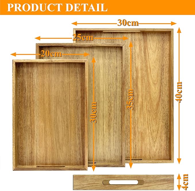 3 Pack Acacia Wood Serving Tray with Handles, Decorative Serving Trays Platter for Breakfast in Bed, Lunch, Dinner, Patio, Ottoman, Coffee Table, BBQ, Party, Great for Lap &Couch (Set of 3)-CasaMuseHome