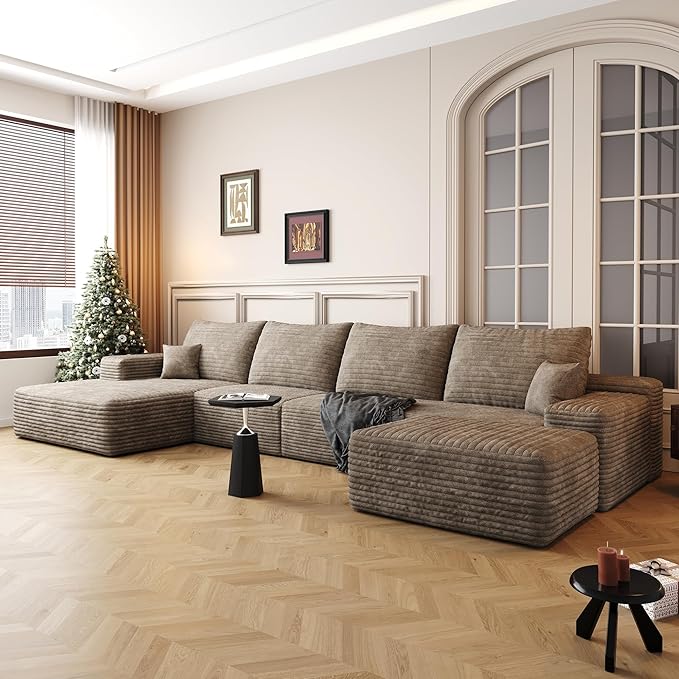 136" Sectional Couches for Living Room Modern Modular Sofa with L-Shape Couchs Upholstered Boneless Couch Deep Seat Sectional Couch with Chaise (Camel, Left Facing Chaise+3Seaters+Ottoman)-CasaMuseHome