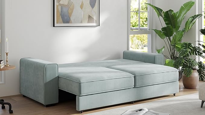 91-Inch Corduroy Pull Out Couch with Storage, Convertible Queen Sleeper Sofa with Pull Out Bed, Hide a Bed Couches for Bedroom, Guest Room, Apartment, Small Places, RV (Sage Green)-CasaMuseHome