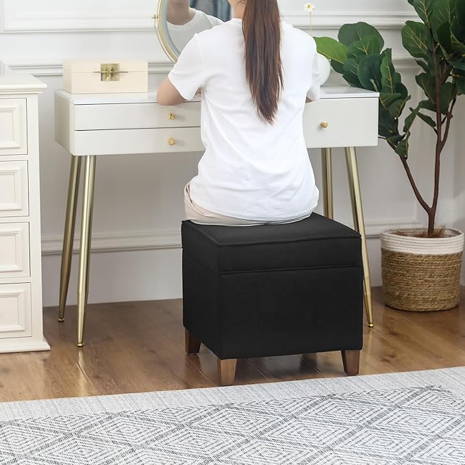 Adeco 17.5" Square Fabric Ottoman with Storage - Upholstered Cotton Linen Foot Rest - Flip Top Footstool with Sturdy Wood Legs, Small Cube Coffee Table Extra Seat for Living Room, Bedroom, Black-CasaMuseHome