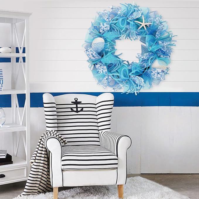 24 Inch Coastal Seashell Large Wreath with Natural Starfish & Scallops Shell, Blue Beach Style Front Door Wreath with for Spring Summer, Farmhouse Rustic Indoor Outdoor Home Wall Wedding Decor-CasaMuseHome