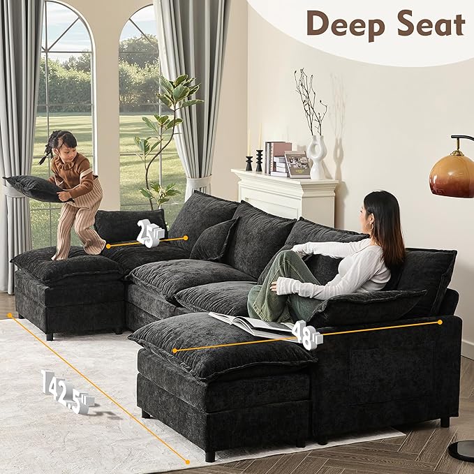 142.5" U Shaped Couch, Modular Sectional Sofa, 3-Seater Comfy Cloud Couch with Movable Ottoman, Deep Seat Couches for Living Room, Chenille, Black-CasaMuseHome