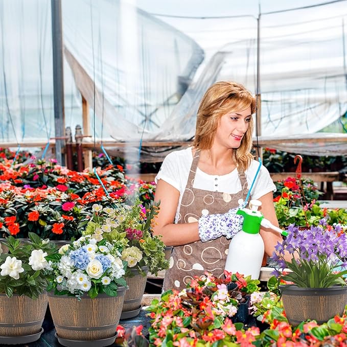 10-inch-Plant-Pots-Indoor-Outdoor, 4 Pack Whiskey Barrel Planters with Drainage Holes & Saucer, Plastic Flower Pots Imitation Wine Barrel Design, Decorative Garden Pots for Plants-CasaMuseHome