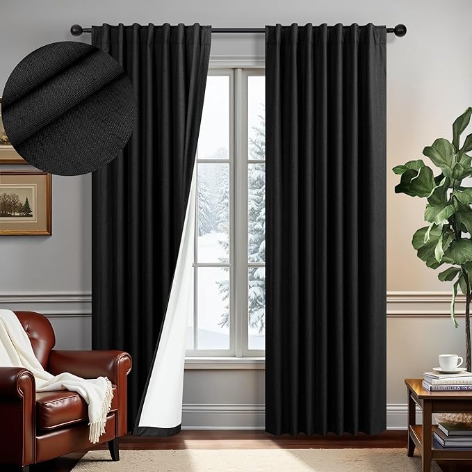 72 Inches Long Blackout Curtains 72 Inch Length for Living Room 2 Panel Set Linen Black Out Thermal Insulated Darkening Back Tab Thin Lightweight Complete Saver Energy Saving Curtain Drape for Bedroom-CasaMuseHome