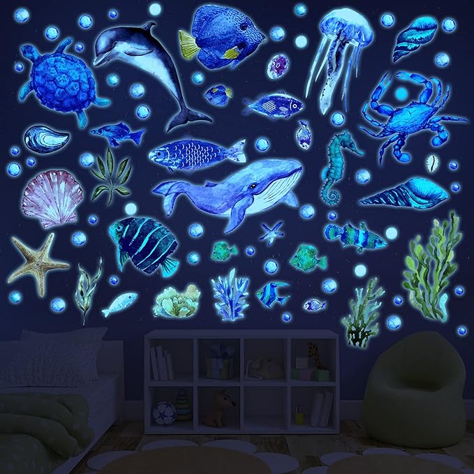 52 Pcs Ocean Fish Wall Decals Glow in The Dark Under The Sea Wall Decals Sea Animals Stickers Removable Waterproof Peel and Stick for Kids Bathroom Watercolor Ocean Decor(Cute Style)-CasaMuseHome