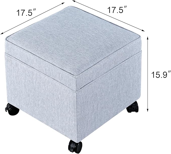 Adeco 17.5" Square Fabric Ottoman with Storage, Upholstered Cotton Linen Foot Rest, Flip Top Footstool, Small Cube Coffee Table Extra Seat for Living Room, Bedroom, Ice Blue with Rolling Legs-CasaMuseHome