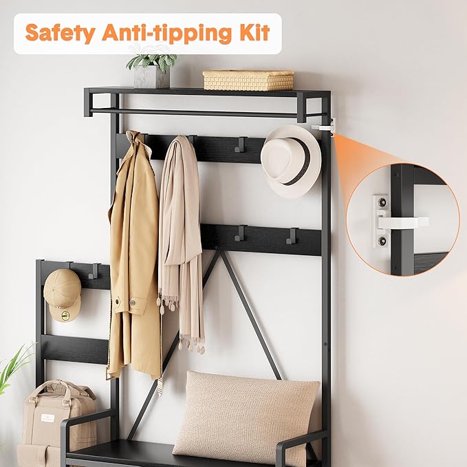 IDEALHOUSE Parent-Child Coat Rack Shoe Bench Hall Tree with Bench and Shoe Storage Industrial Coat Tree Entryway Large Organizer with Shoe Rack, Storage Cubbies, Hooks, and Top Shelf-CasaMuseHome