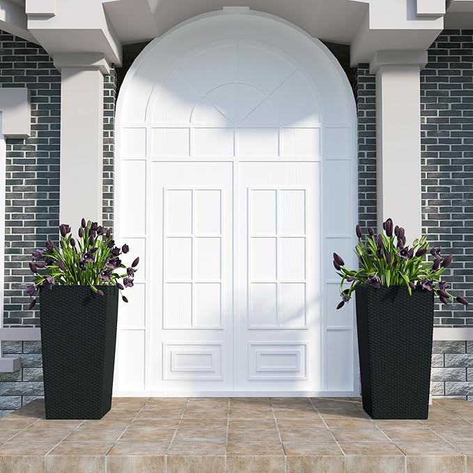 30in Tall Large Plant Pots Planter-Self-Watering Indoor/Outdoor Planting with Drain Holes, Water Level Monitor, Inner Bucket for Front Porch Patio, Black Large-CasaMuseHome