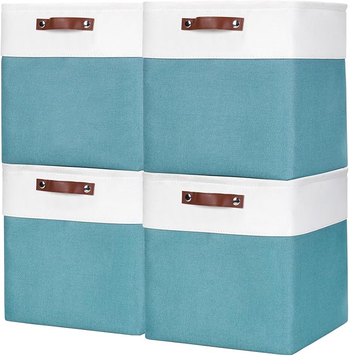 13x13 Cube Storage Bins, Collapsible Fabric Storage Box, 4 Pack Closet Baskets with Handles for Organizing, Shelf, Toys, Clothes, Home, Office, Nursery (Teal&White)-CasaMuseHome