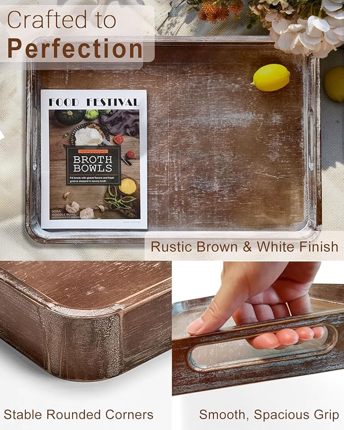22 Inch Rustic Wood Serving Tray with Handles, Large Rectangular Wooden Ottoman Tray, Beautiful Home Décor for Living Room Coffee Table Couch, Ideal for Serving Food Breakfast BBQ Parties-CasaMuseHome