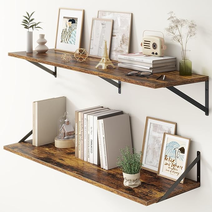 12 Inch Deep Floating Shelves,48W x 12D Floating Shelves, Deep Wall Shelves Bracket Set of 2, Large Display Floating Shelf for Bathroom, Living Room, Wide Storage Wooden Wall Shelf, Rustic Brown-CasaMuseHome
