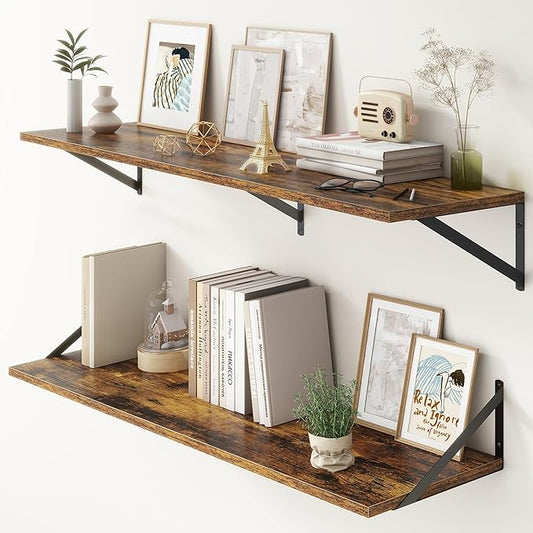 12 Inch Deep Floating Shelves,48W x 12D Floating Shelves, Deep Wall Shelves Bracket Set of 2, Large Display Floating Shelf for Bathroom, Living Room, Wide Storage Wooden Wall Shelf, Rustic Brown-CasaMuseHome