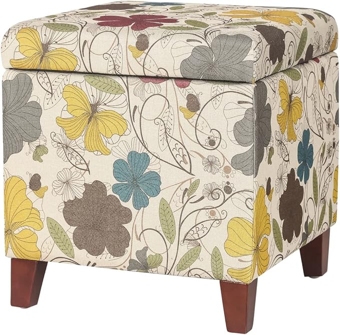 Adeco 18 Inch High Cube Ottoman Storage, Floral Printed Linen Chair Foot Stools, Upholstered Vanity Stool with Hinged Lid, Solid Wood Legs-CasaMuseHome
